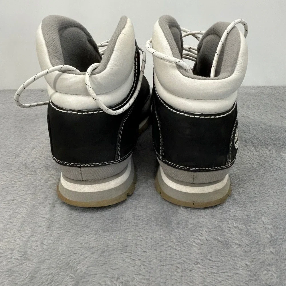Timberland Mens 10.5 M Black Leather Mid Hiking Boots Style 1822 Grey White Trim